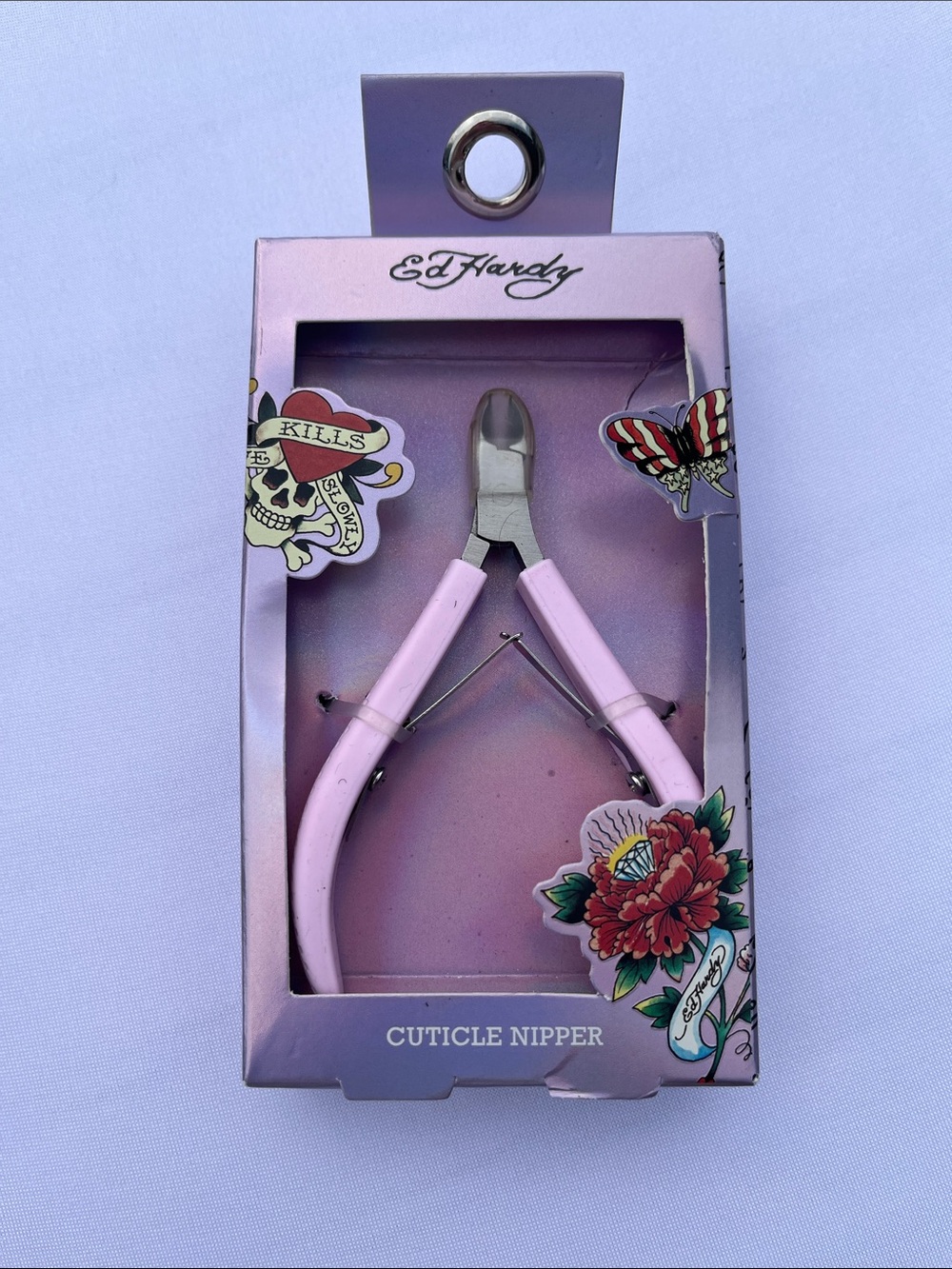 ED HARDY branded pink cuticle nipper set, iconic tattoo artwork packaging NWT